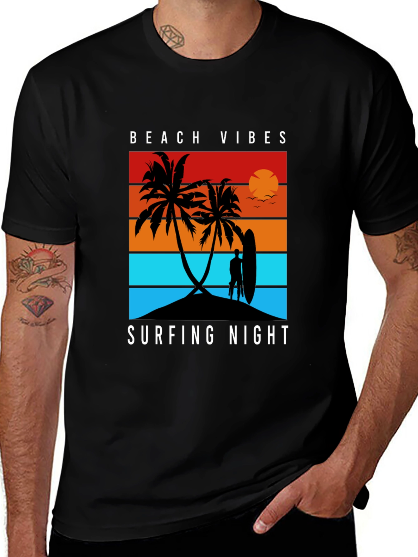 Variant 28 of Beach Vibes Surfing Night Black T-Shirt