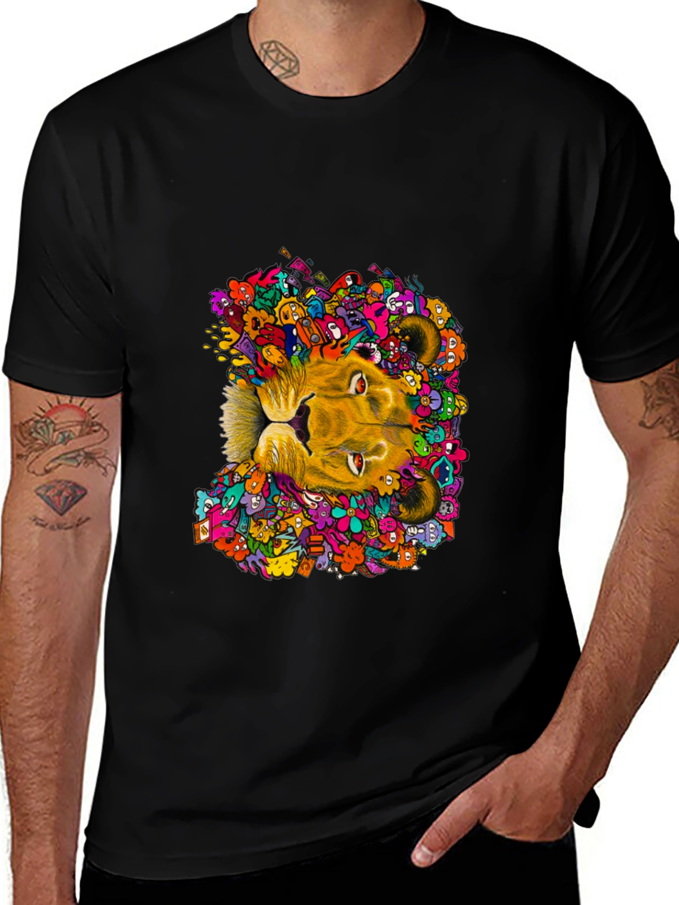 Variant 20 of Lion Doodle Graphic Tee - Black Cotton T-Shirt