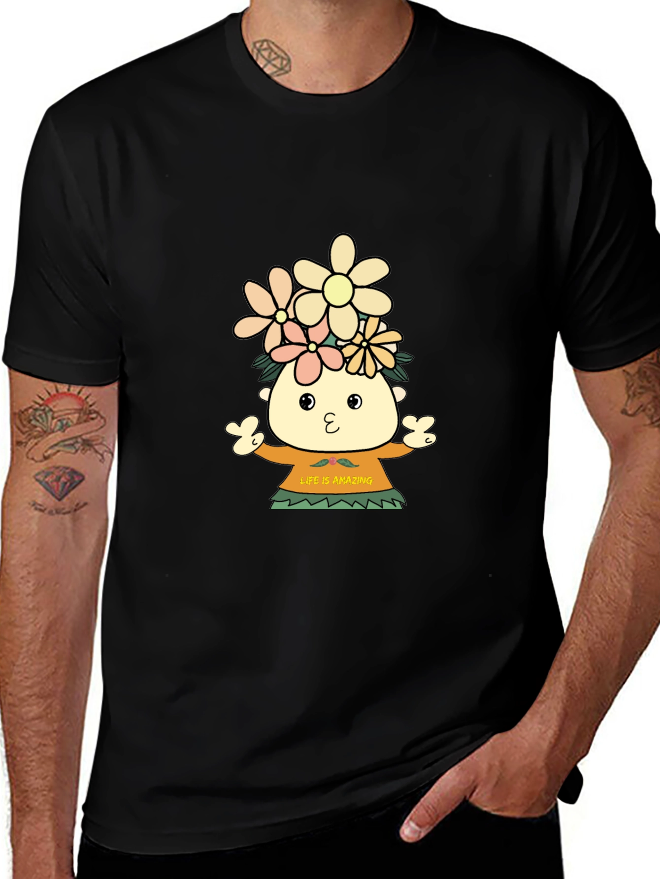 Variant 4 of Black T-Shirt with Cartoon Flower Child Design