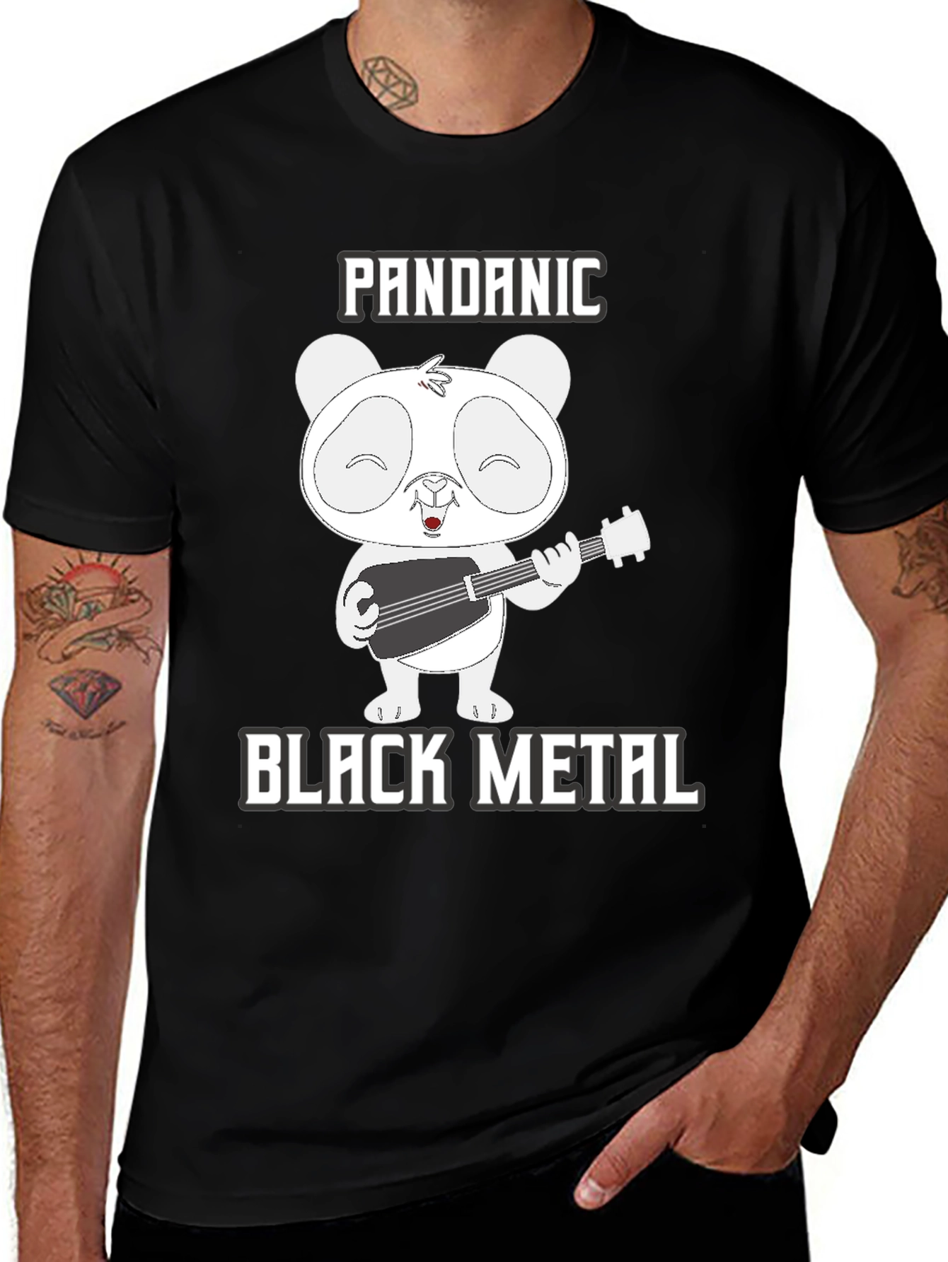 Variant 15 of Pandanic Black Metal T-Shirt - Panda Bear Guitarist