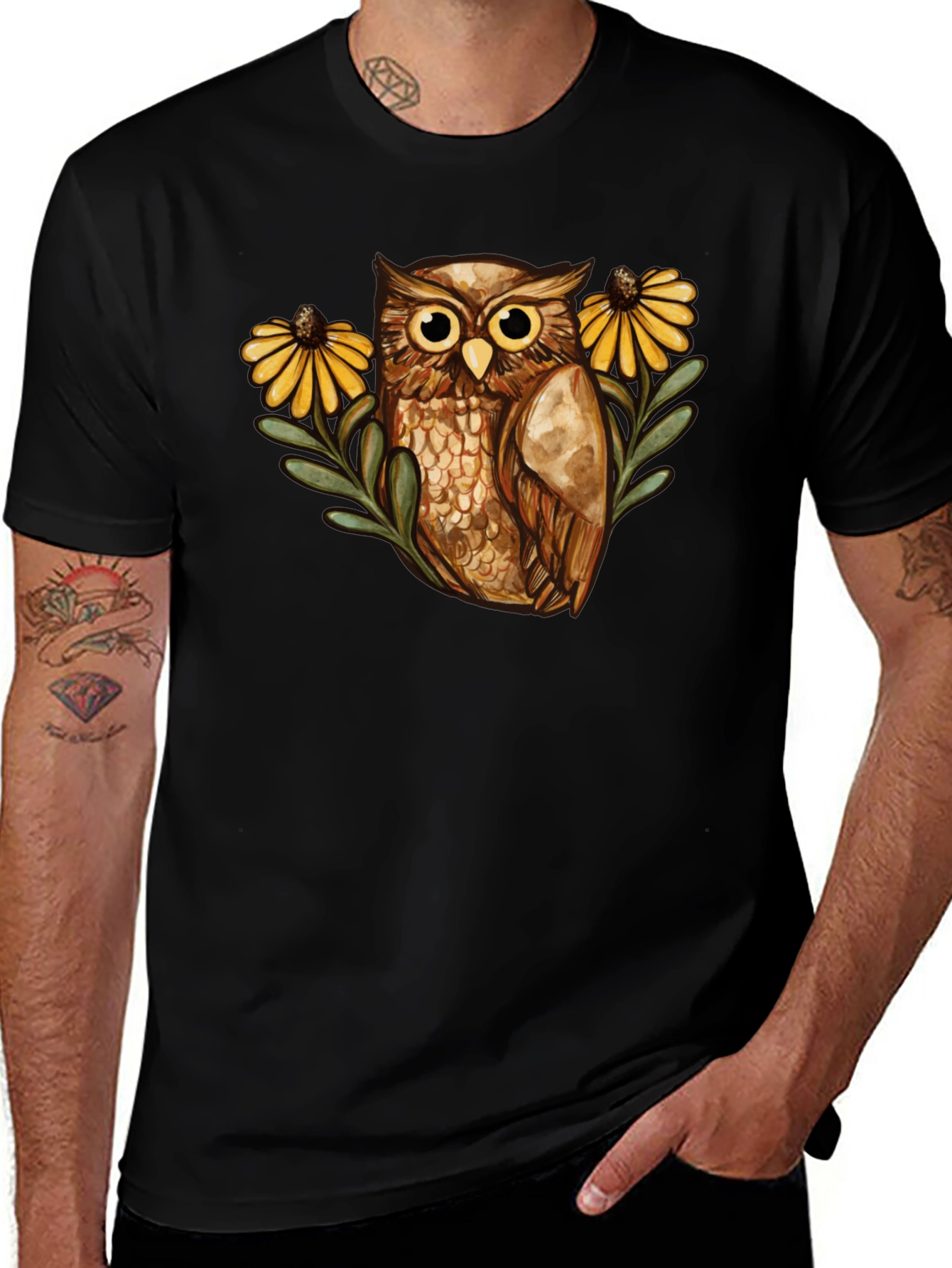 Variant 12 of Owl and Sunflower Graphic Tee - Black