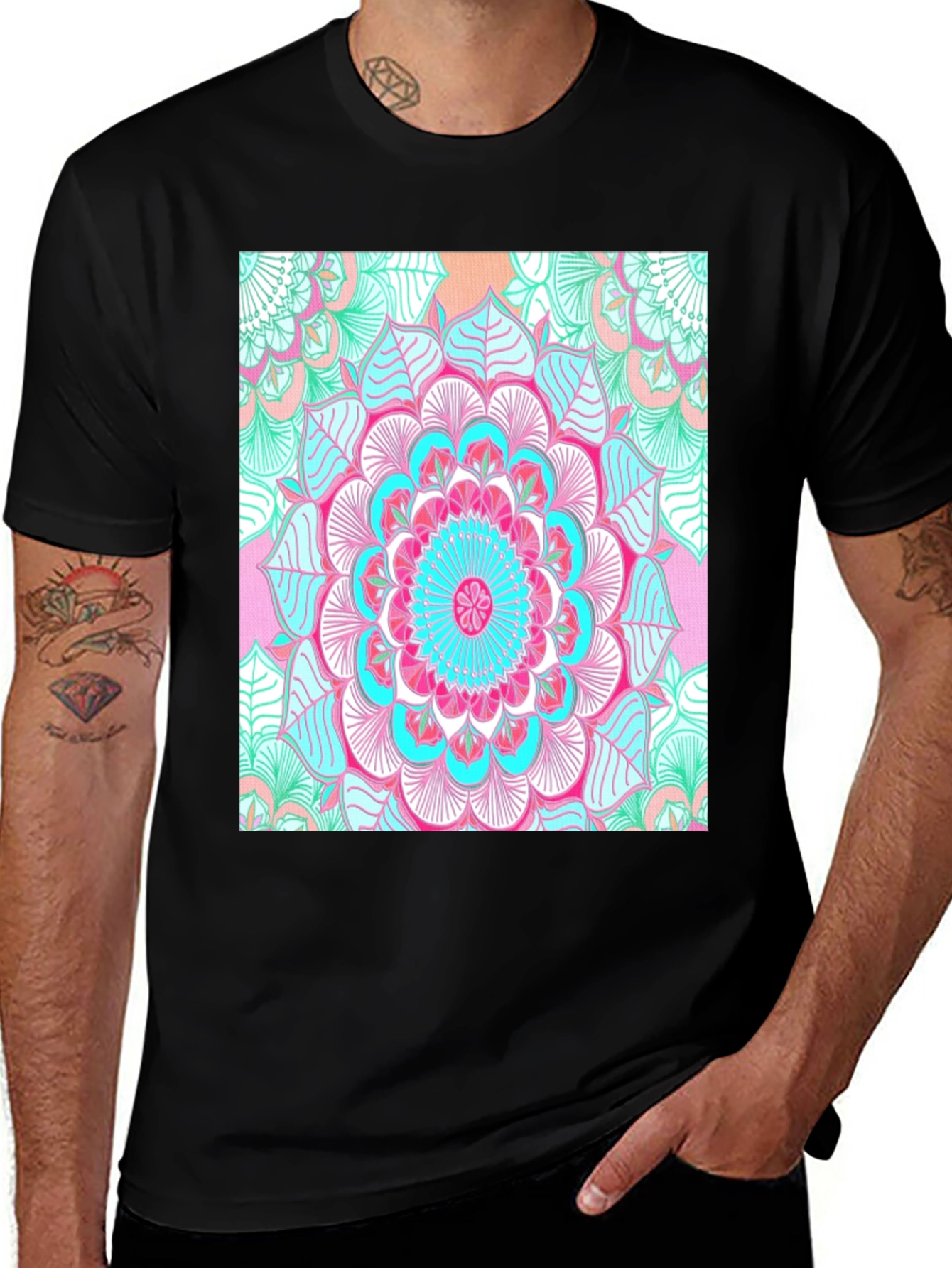 Variant 24 of Vibrant Mandala Print Black T-Shirt