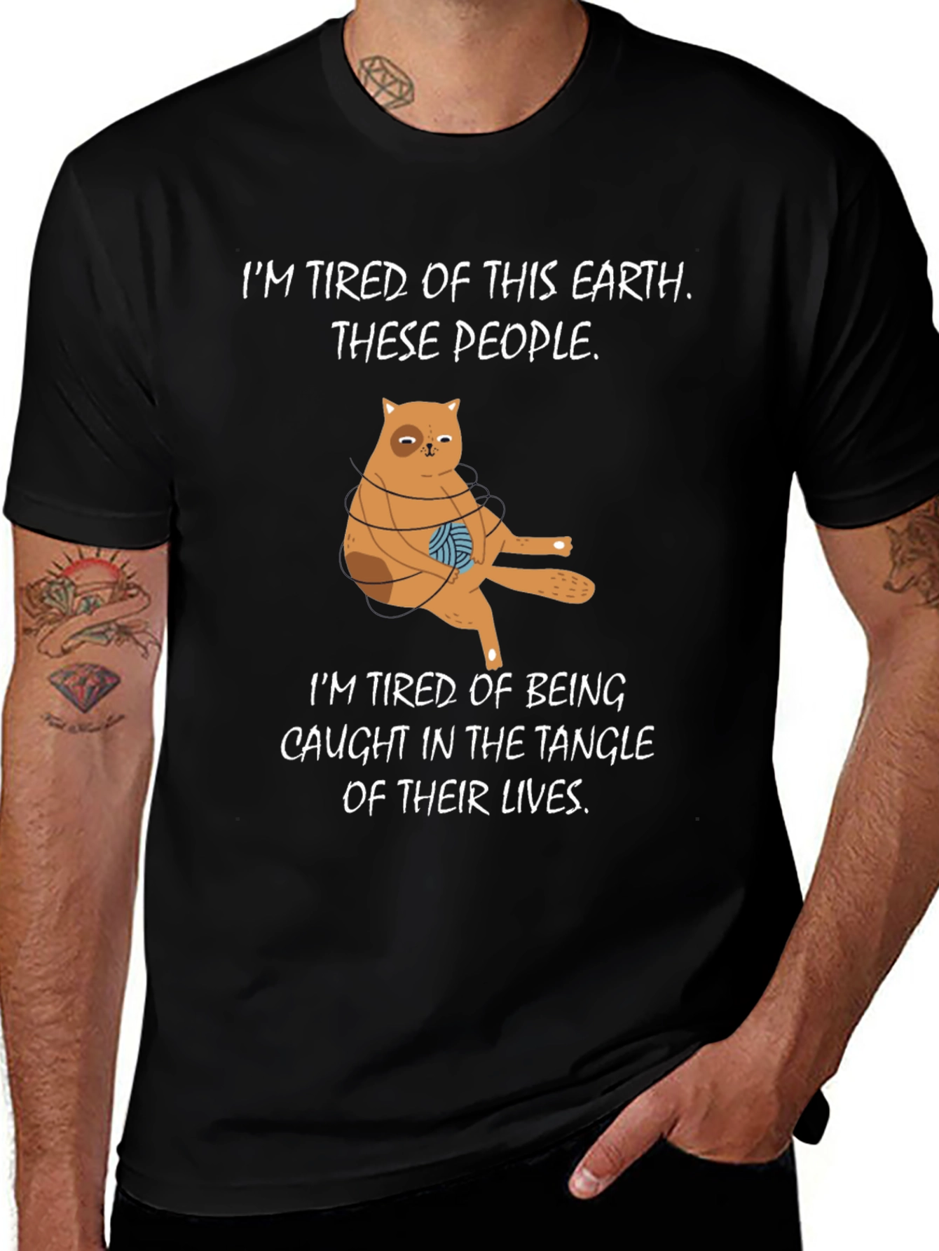 Variant 12 of Cynical Cat Graphic Tee - 'Tired of This Earth' Black T-Shirt