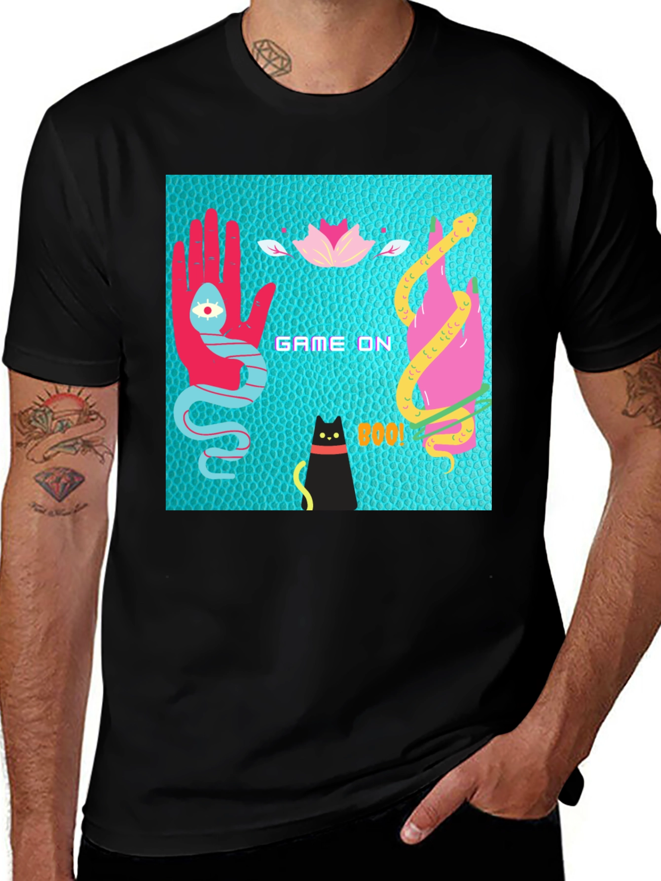 Variant 18 of Game On Graphic Tee - Unique Snake & Cat Design