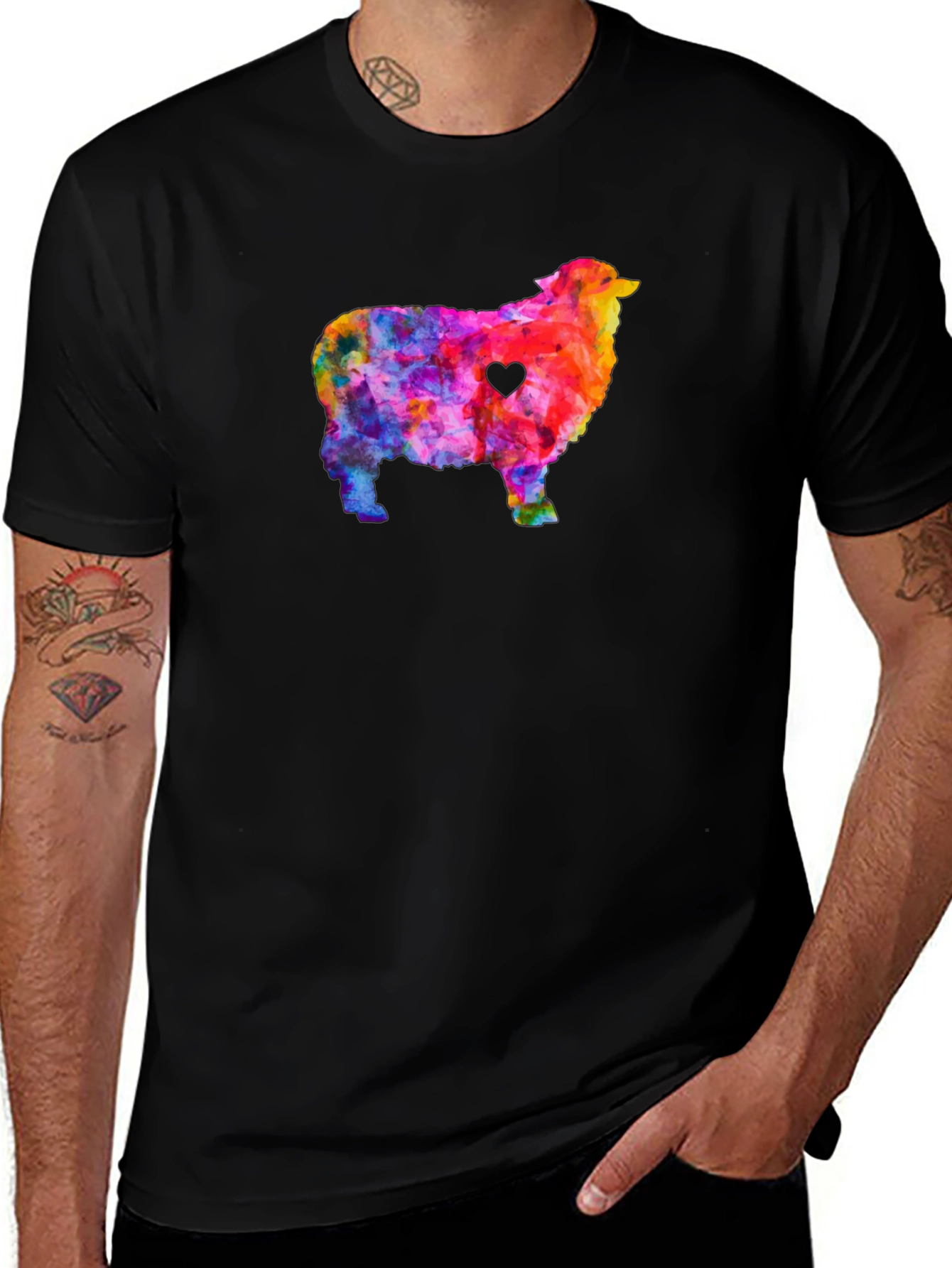 Variant 4 of Colorful Sheep Heart Graphic Tee - Black