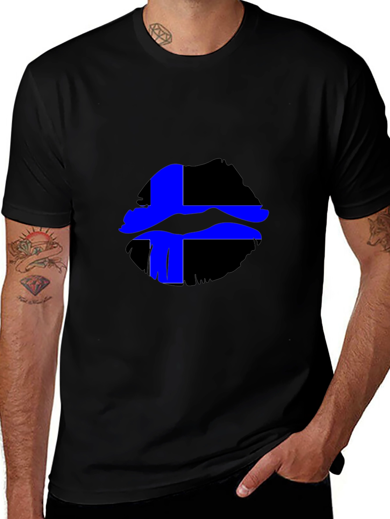 Variant 2 of Blue Line Flag Lips Graphic Tee - Men's Black T-Shirt