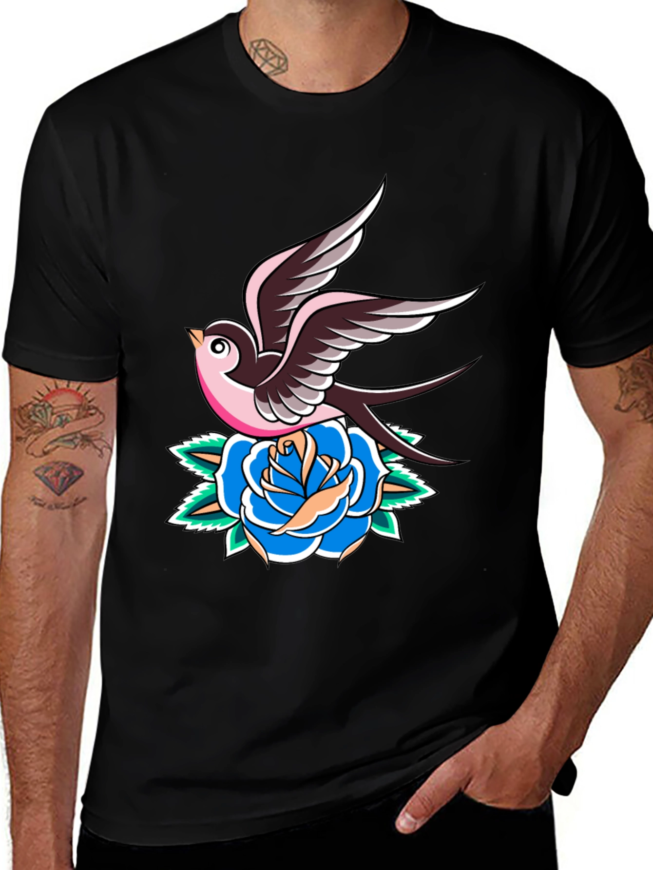 Swallow and Rose Graphic Black T-Shirt