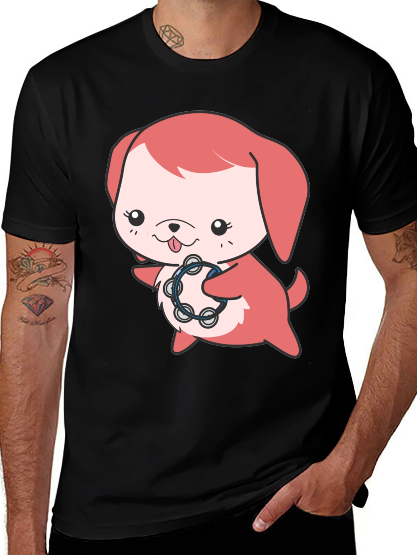 Variant 30 of Cute Dog Playing Tambourine Graphic Tee - Black