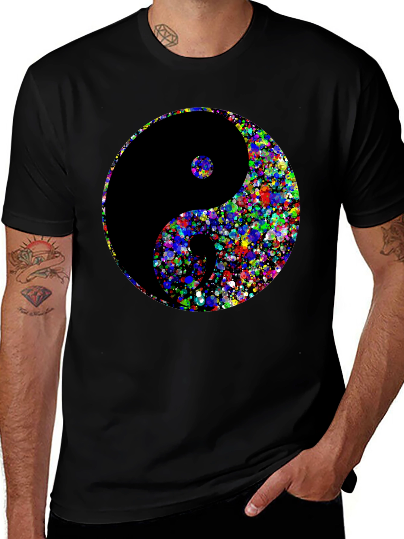 Variant 2 of Yin Yang Colorful Splatter Graphic Black T-Shirt
