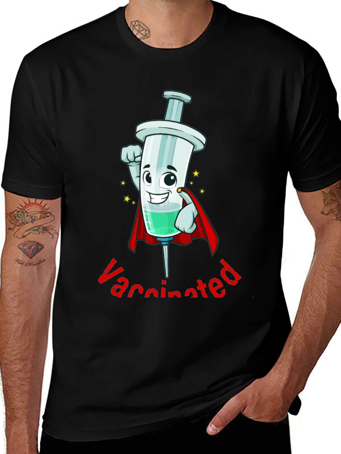 Variant 7 of Vaccinated Hero Cartoon Syringe T-Shirt