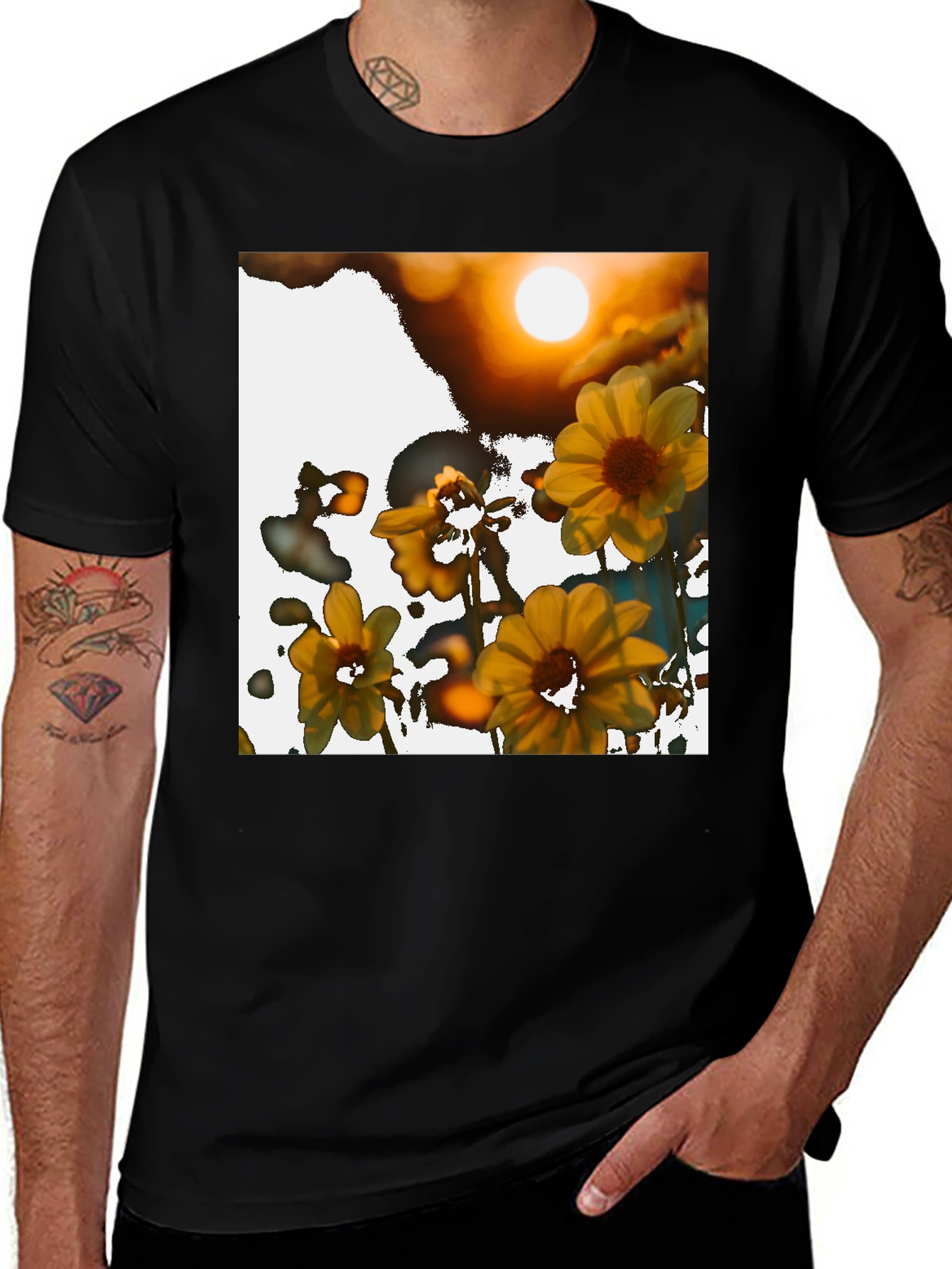 Variant 16 of Floral Sunset Graphic Tee - Black Cotton Comfort