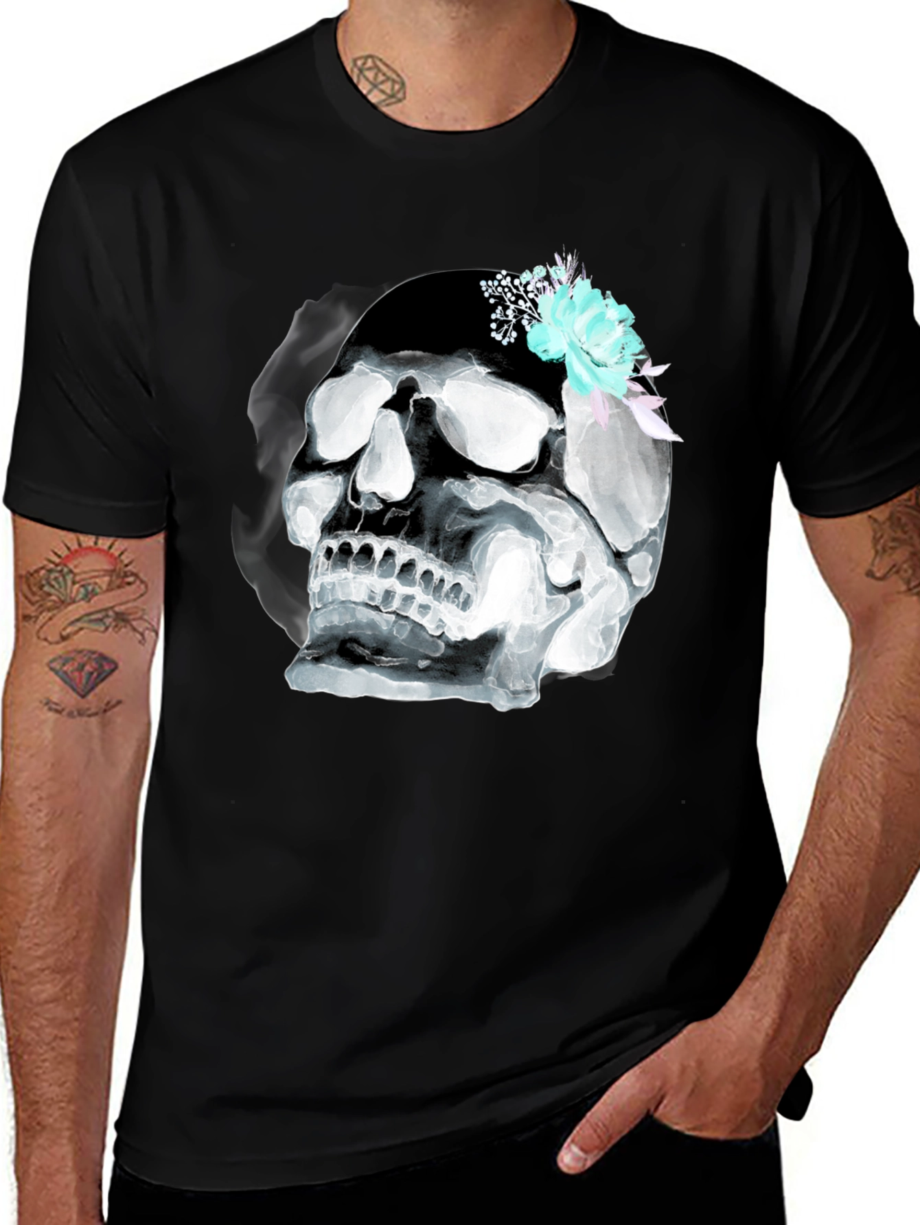 Variant 30 of Skull & Flowers Graphic Tee - Men's Black T-Shirt