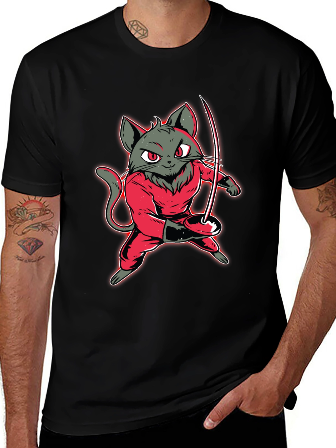 Variant 16 of Fencing Cat Graphic Tee - Black T-Shirt