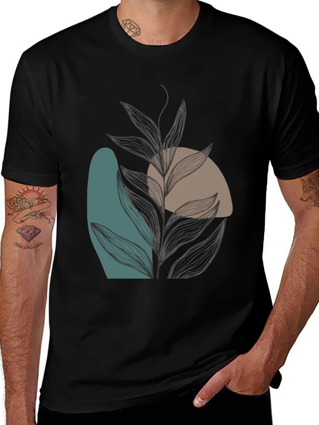 Variant 30 of Modern Abstract Leaf Print Black T-Shirt