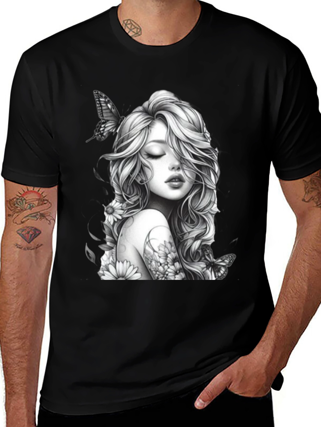Black Black T-Shirt with Woman and Butterfly Design main image