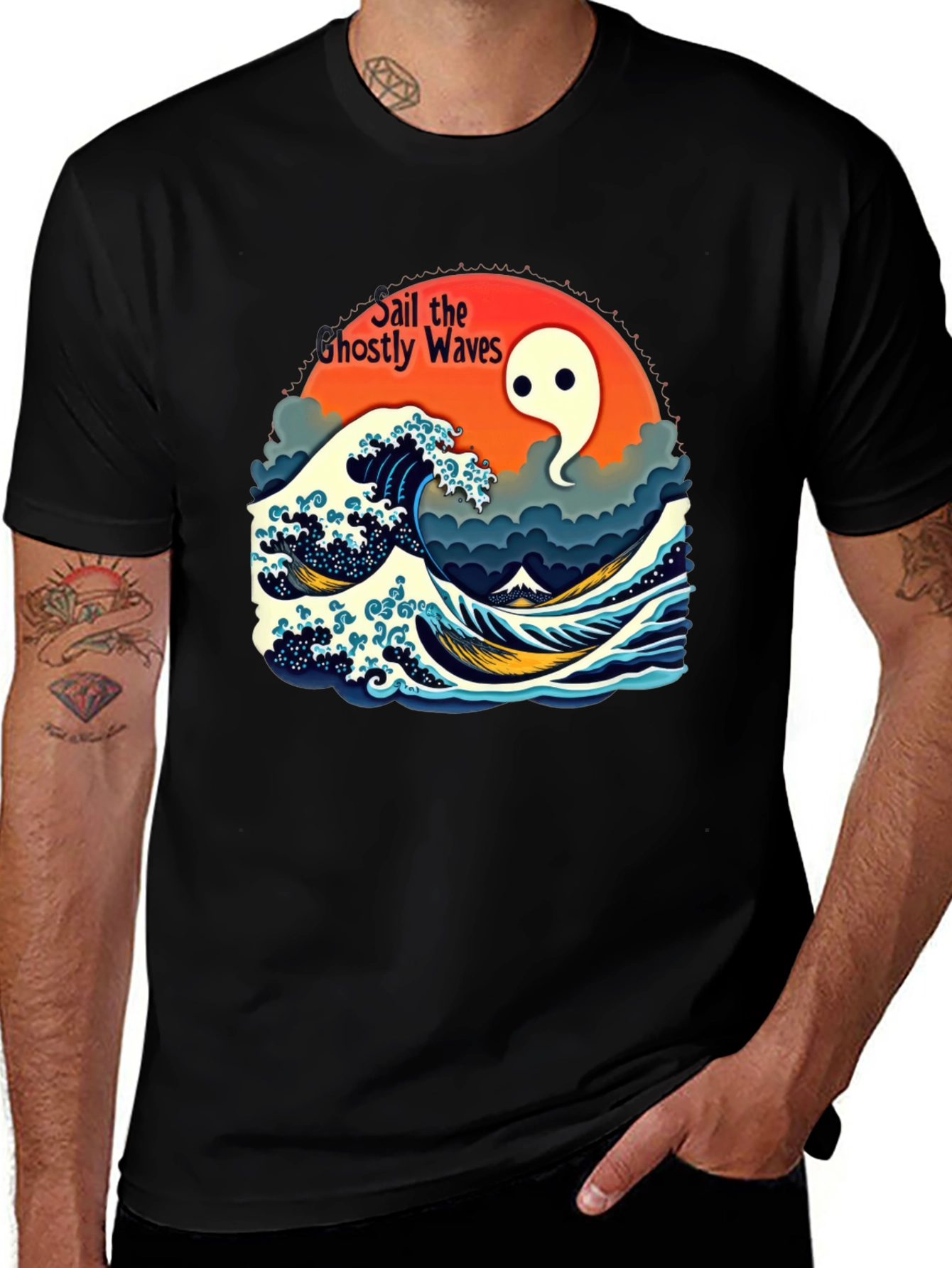 Black Ghostly Waves Graphic T-Shirt - Unisex main image