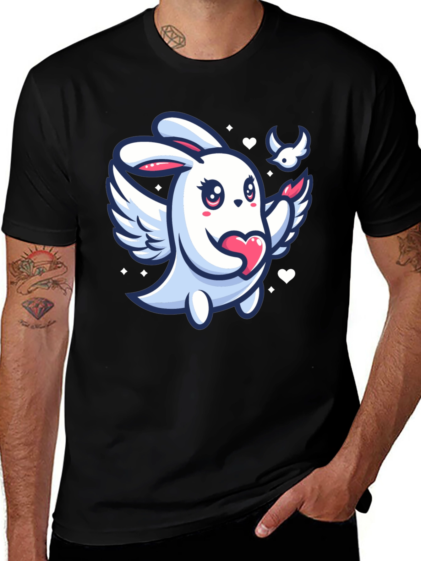 Variant 27 of Cute Bunny Angel Graphic Tee - Black Unisex T-Shirt
