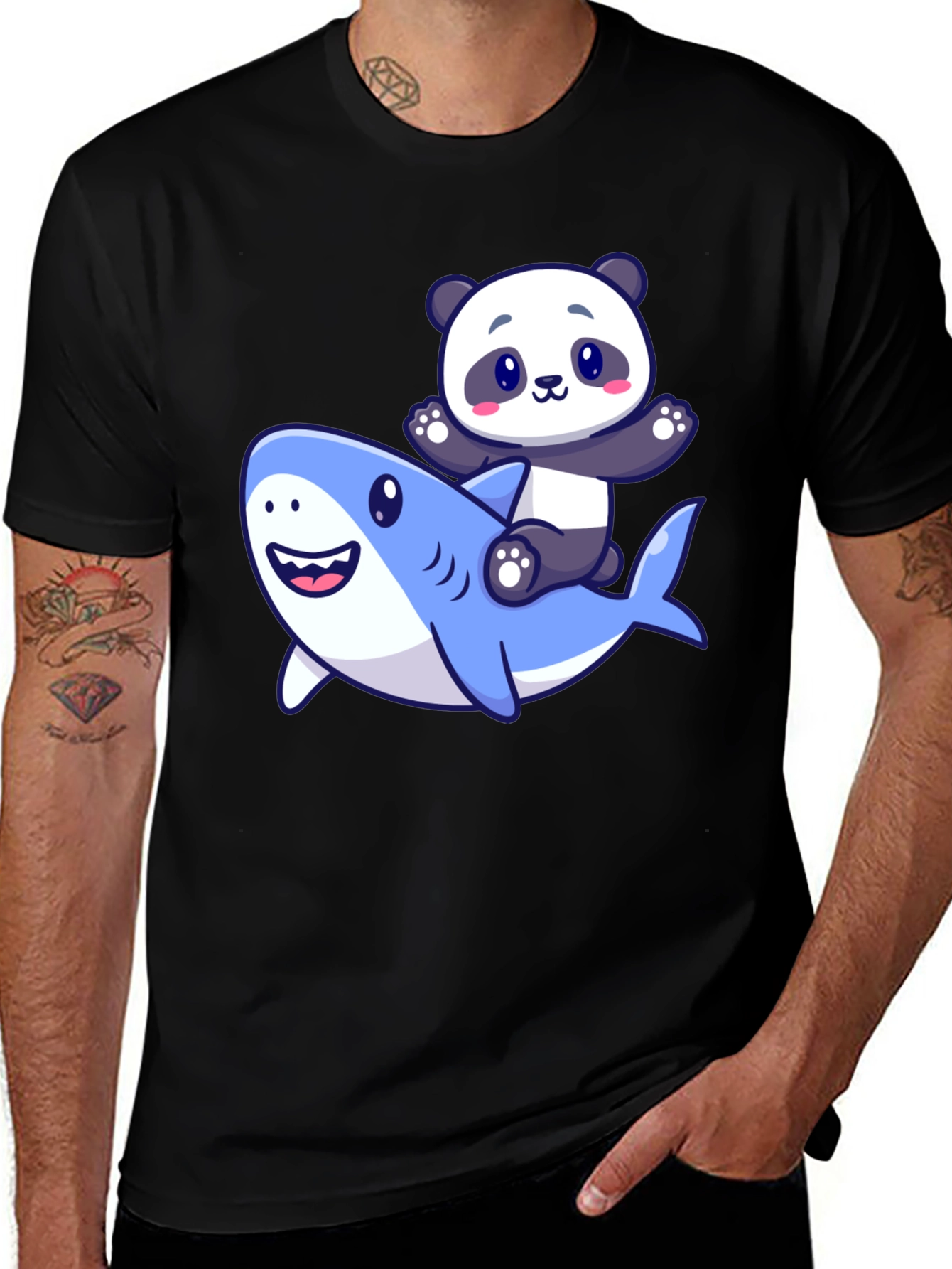 Variant 25 of Panda Riding Shark Graphic T-Shirt - Black