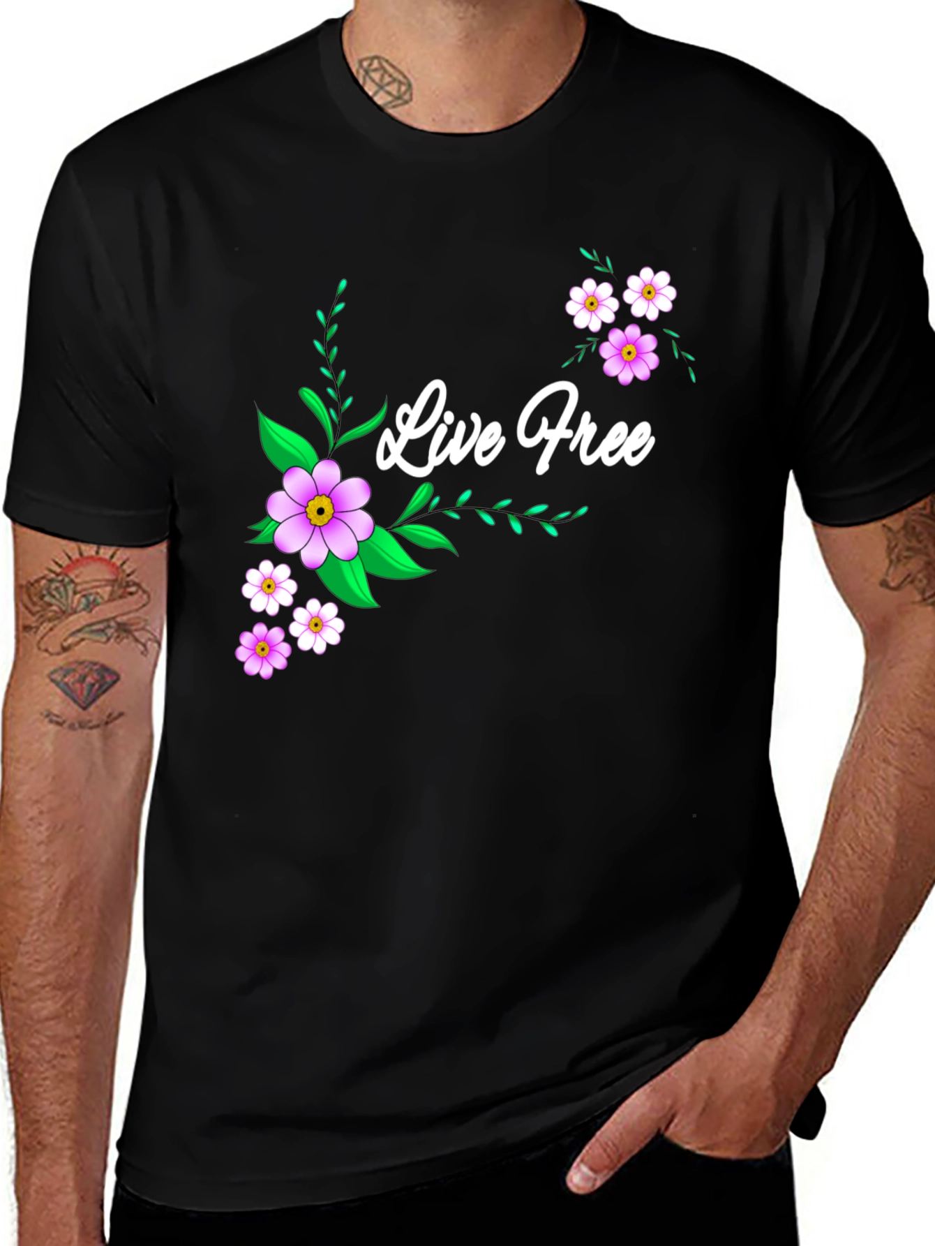 Variant 25 of Live Free Floral Graphic Tee - Soft Black Cotton Shirt