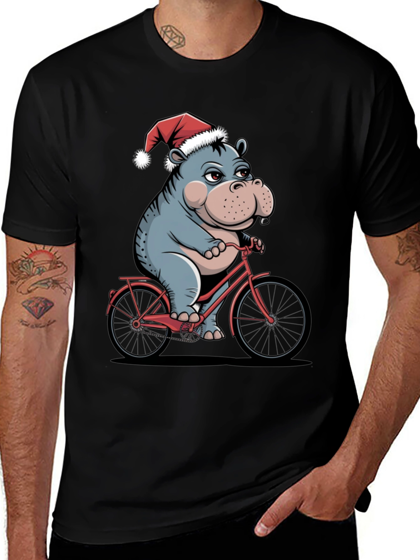 Variant 21 of Hippo Santa Hat Bicycle Black T-Shirt