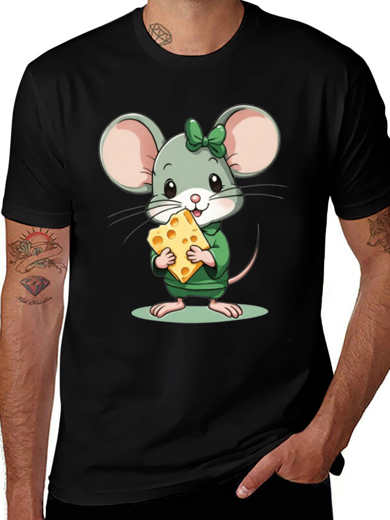 Variant 4 of Cute Cartoon Mouse with Cheese Black T-Shirt