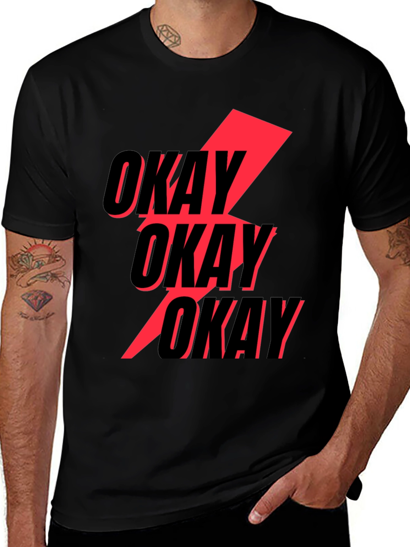 Black Okay Graphic T-Shirt - Bold Red Lightning Bolt Design main image