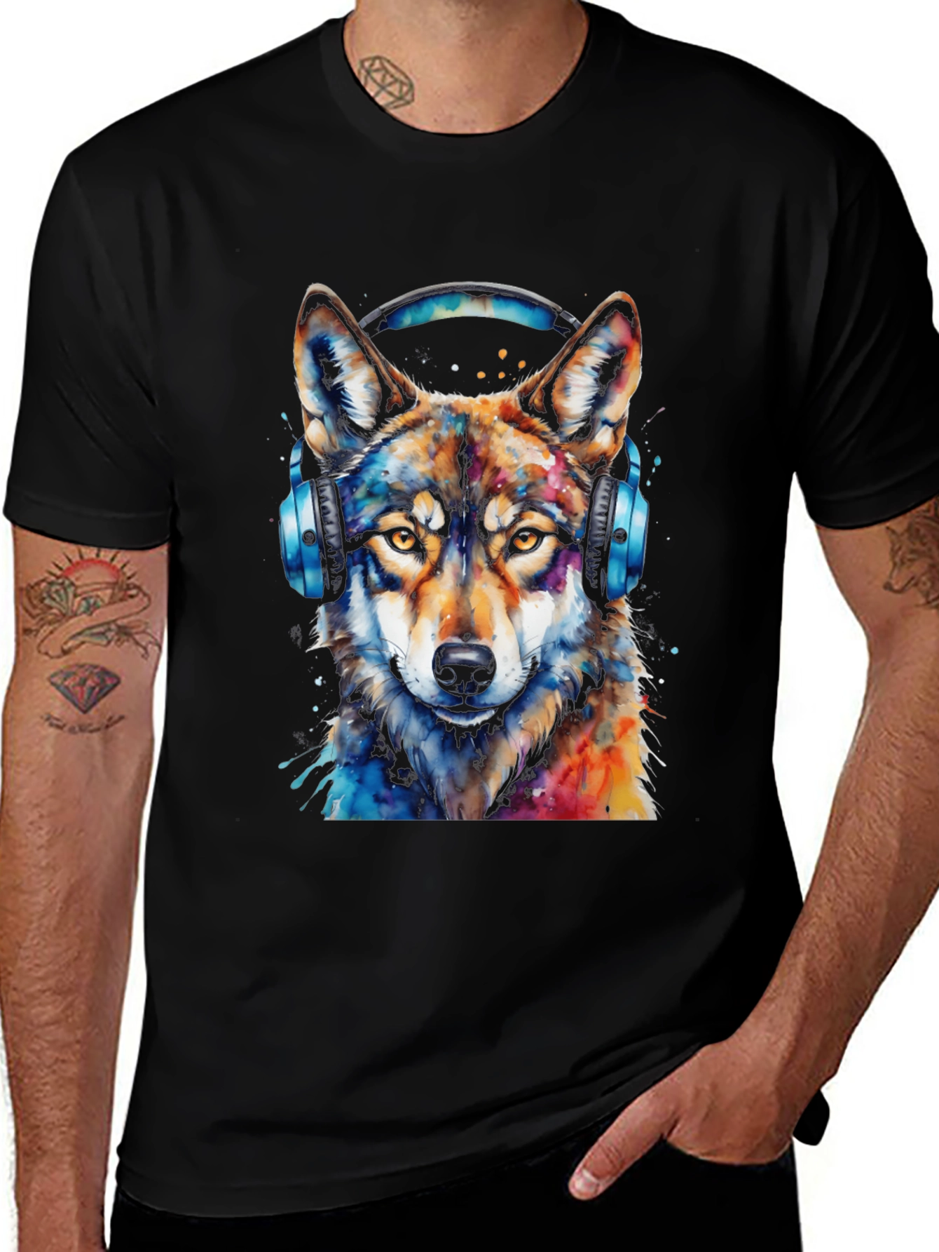 Variant 4 of Wolf Headphone Graphic Black T-Shirt