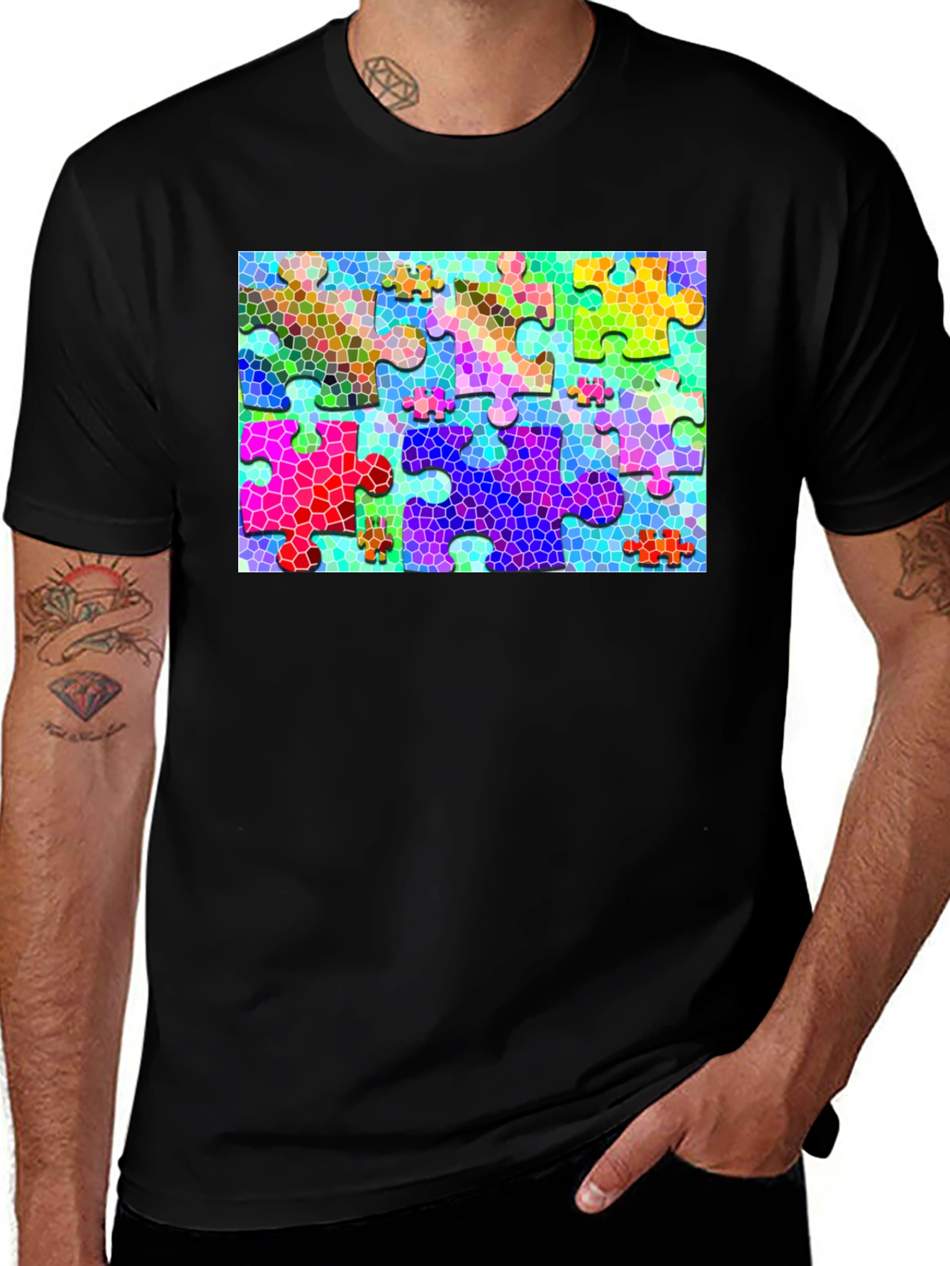 Variant 6 of Puzzle Piece Graphic Tee - Colorful Mosaic Design