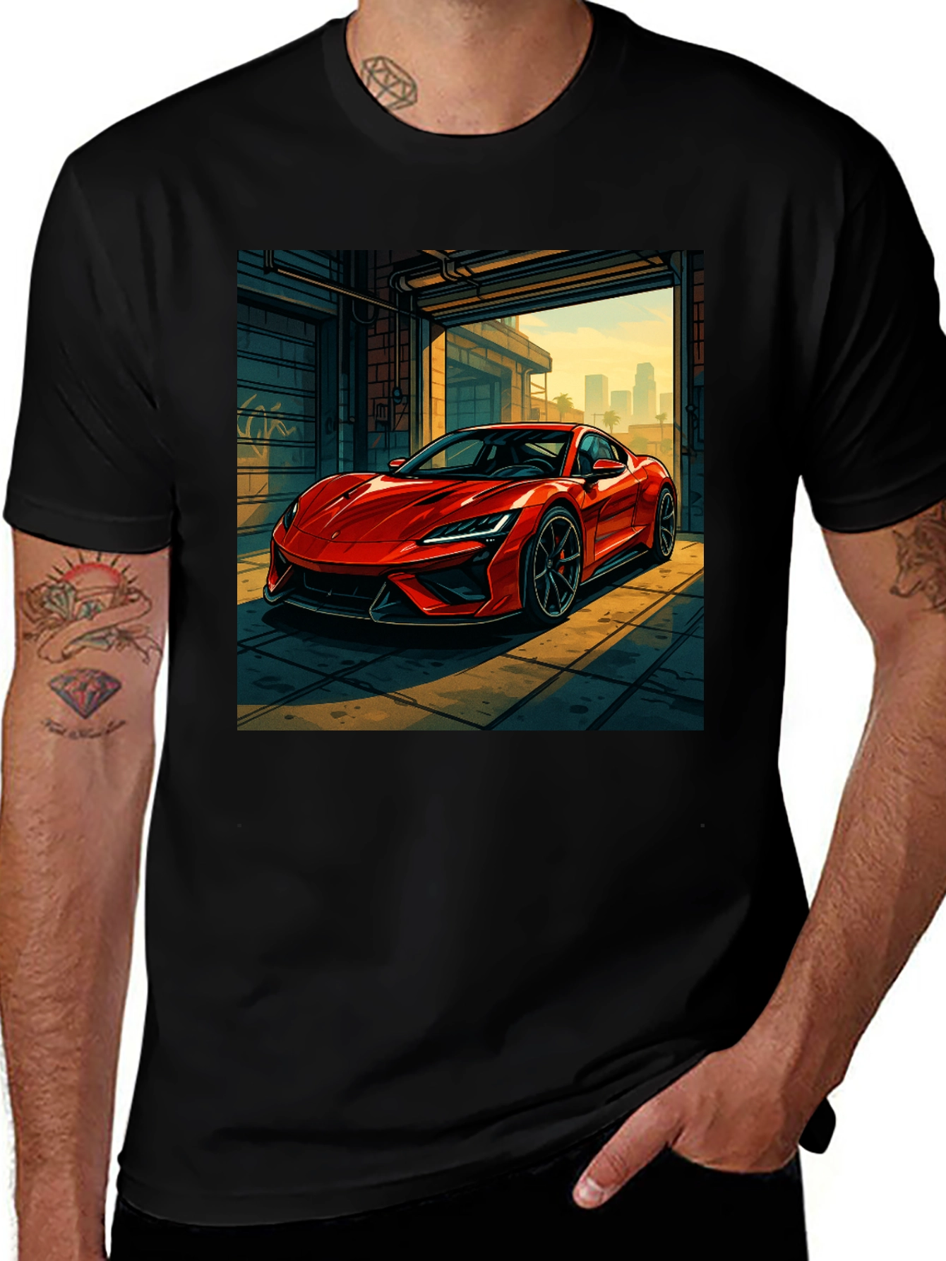 Red Sports Car Graphic Black T-Shirt