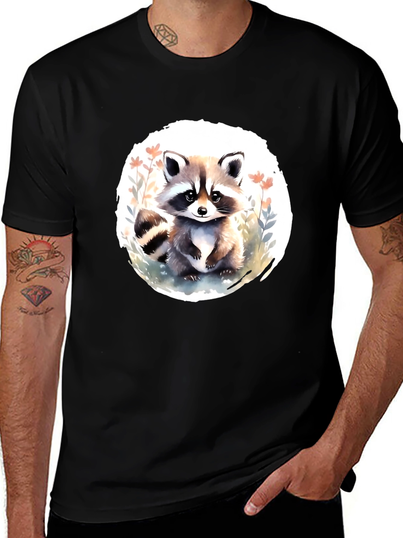 Variant 19 of Cute Raccoon Graphic Tee - Black Casual T-Shirt