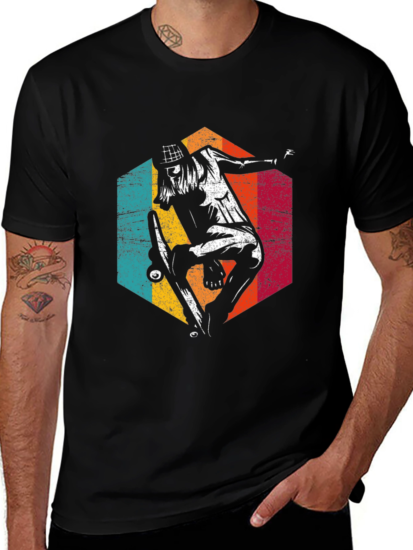 Variant 15 of Skateboarder Graphic Tee - Retro Hexagon Design