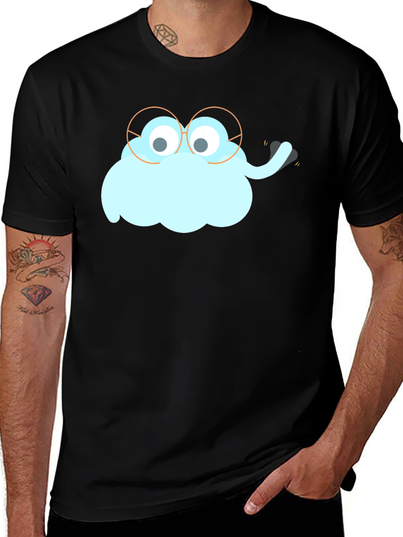 Variant 2 of Funny Cartoon Cloud with Glasses Black T-Shirt