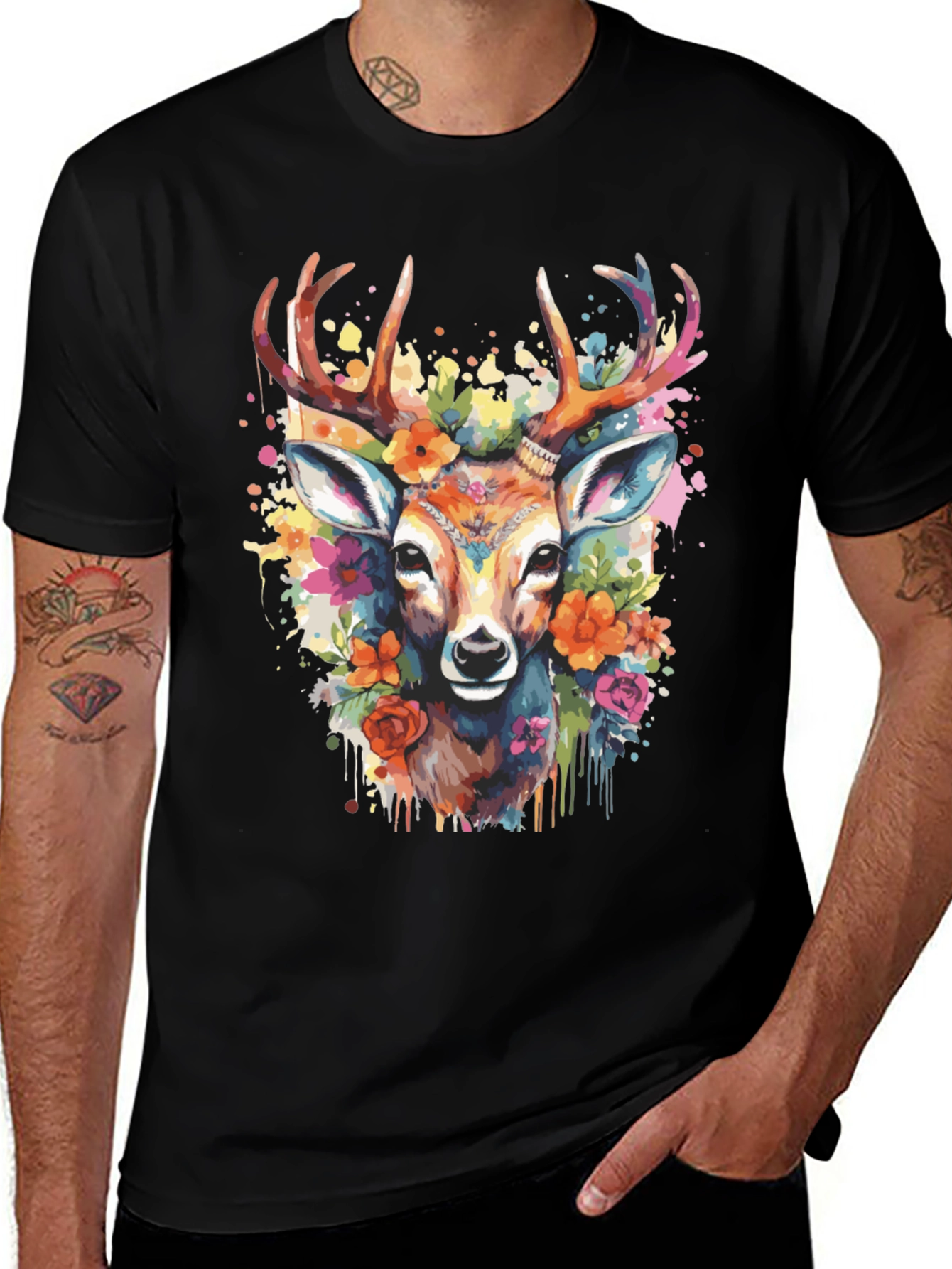 Variant 10 of Floral Deer Graphic Tee - Artistic Print