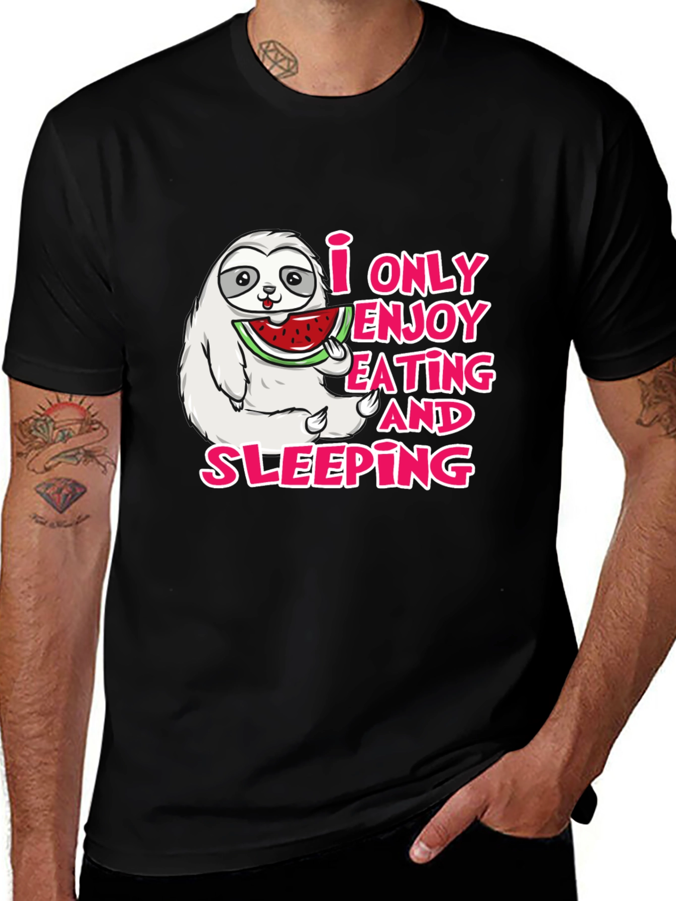 Black Sloth Eating Watermelon Graphic Tee - Enjoy Eating and Sleeping main image