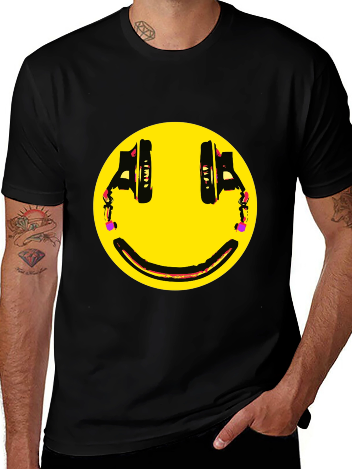 Variant 24 of Smiley Face Headphones Graphic Tee - Black