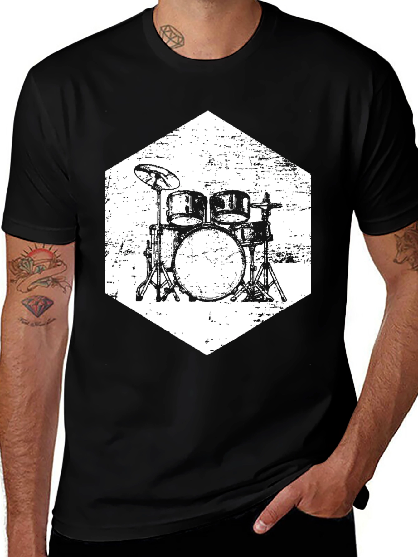 Variant 17 of Drum Set Graphic Tee - Mens Black Crewneck T-Shirt