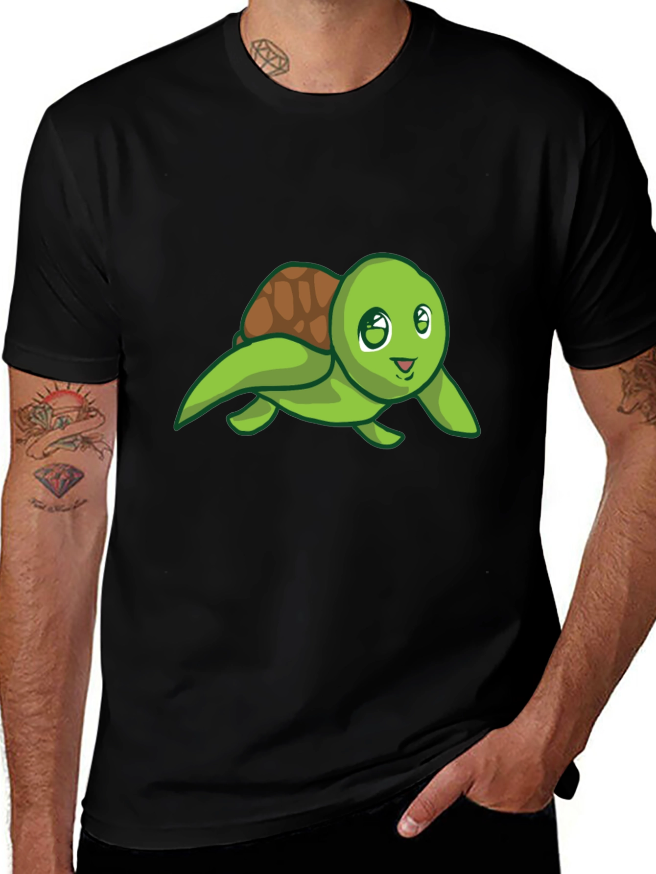 Variant 18 of Cute Turtle Graphic Tee - Black Cotton T-Shirt