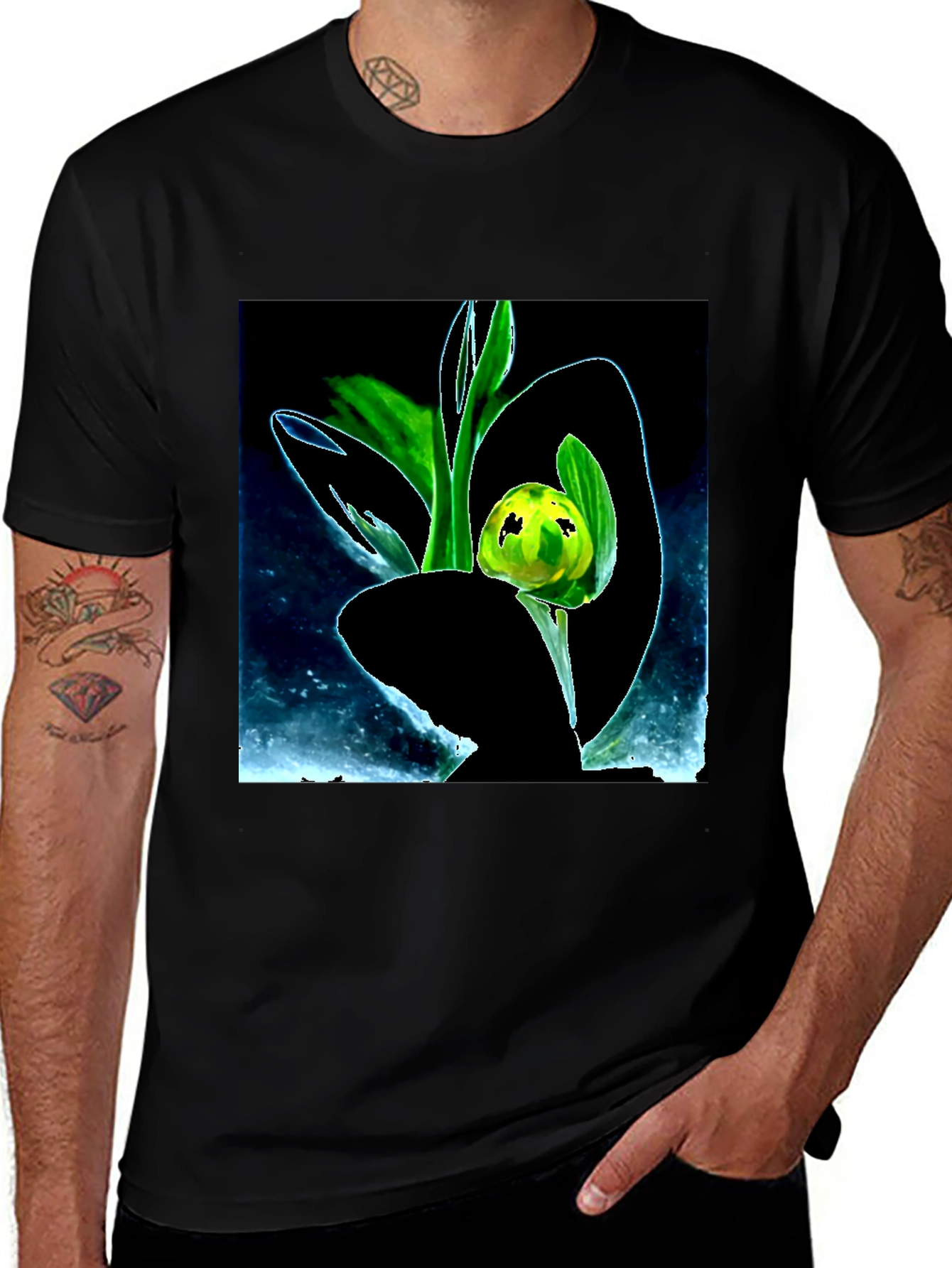 Nature Bud Graphic Tee - Soft Black Cotton T-Shirt