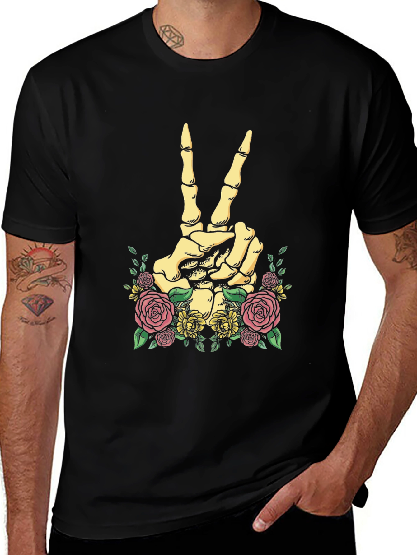 Variant 24 of Skeleton Hand Peace Sign Floral T-Shirt
