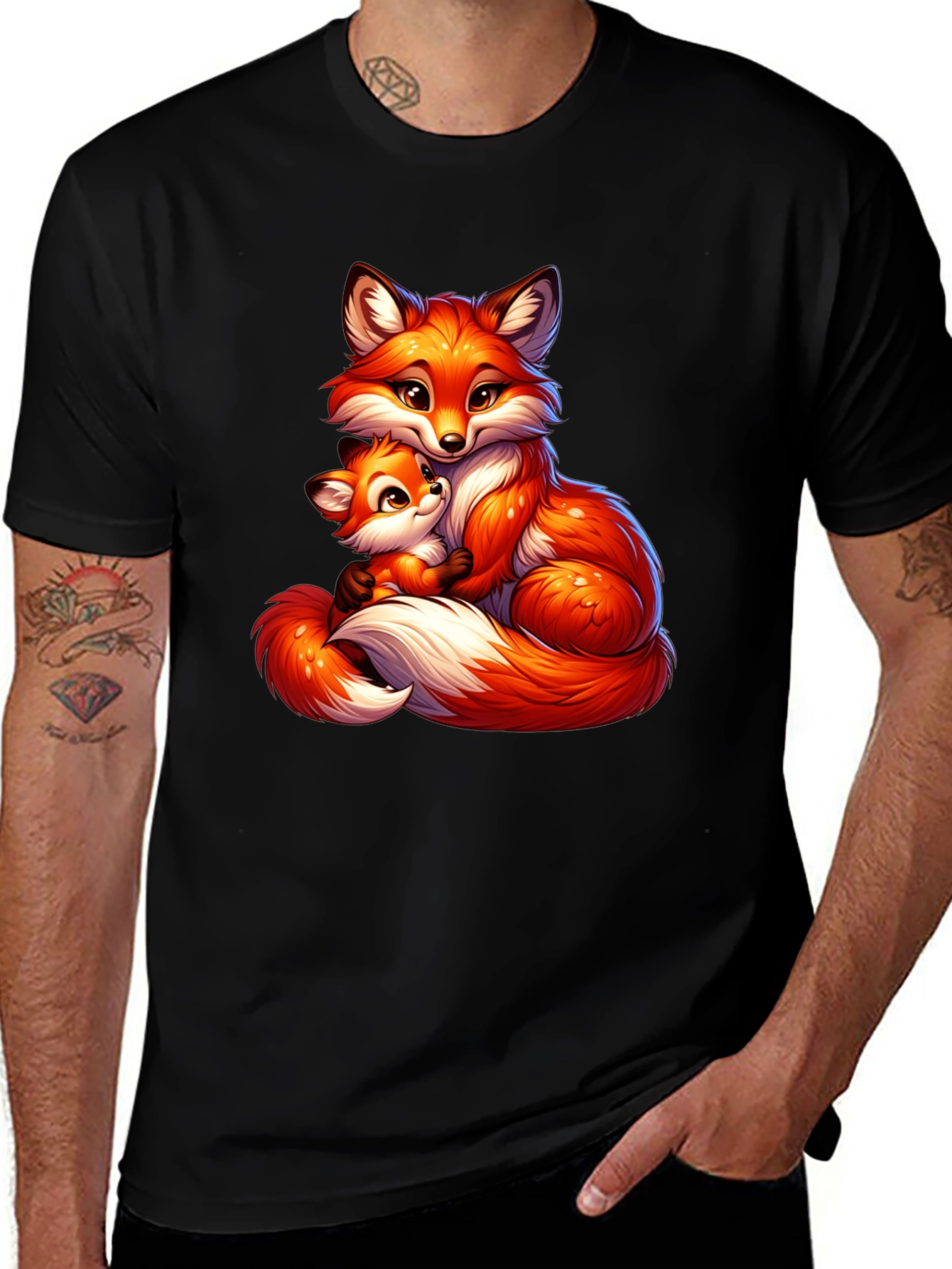 Variant 22 of Cute Fox & Cub Graphic Black T-Shirt