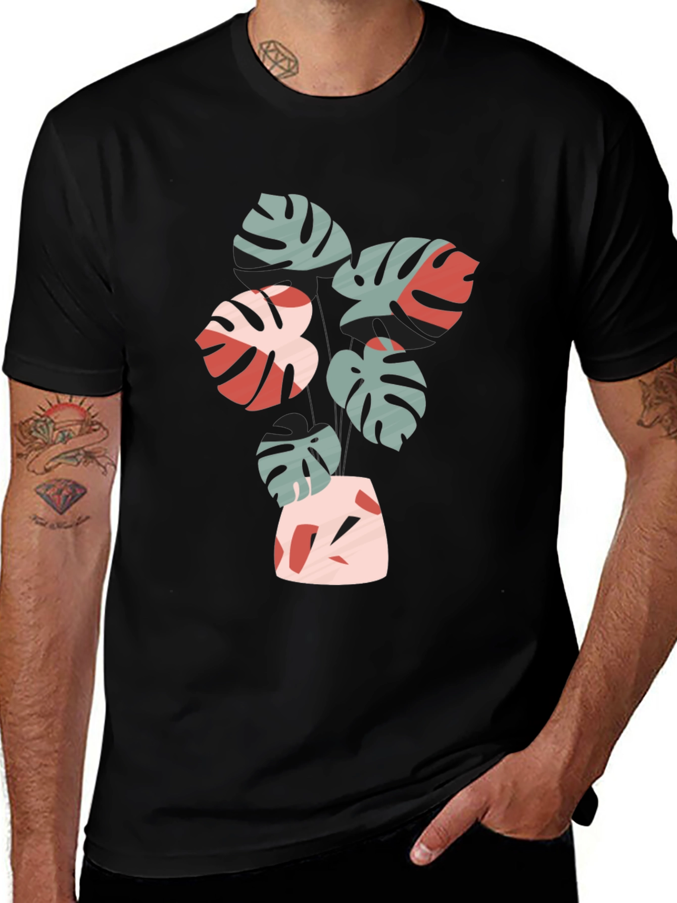 Variant 27 of Tropical Leaf Print Black Crew Neck Tee