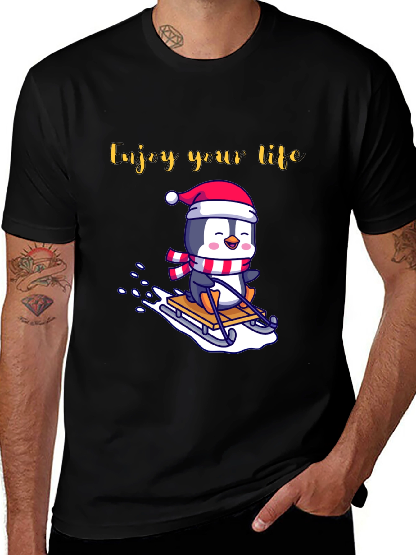 Variant 9 of Penguin Sledding Graphic Tee - Enjoy Your Life