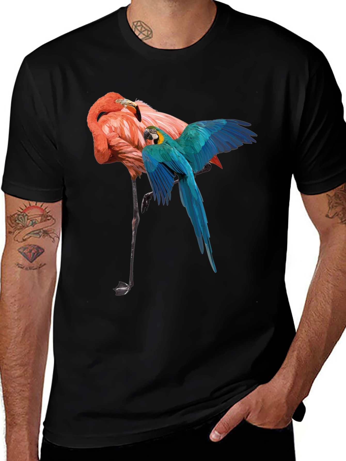 Variant 14 of Flamingo & Parrot Graphic Black T-Shirt