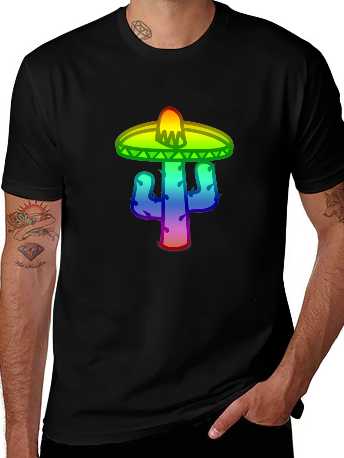 Variant 24 of Rainbow Cactus Sombrero T-Shirt - Men's Black Tee