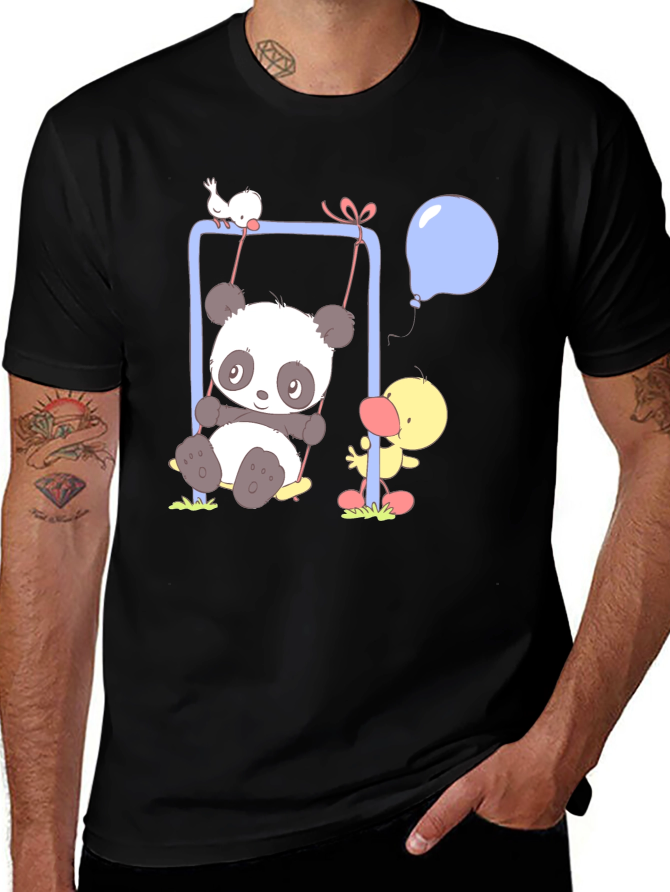 Variant 20 of Cute Cartoon Panda Swing Black T-Shirt
