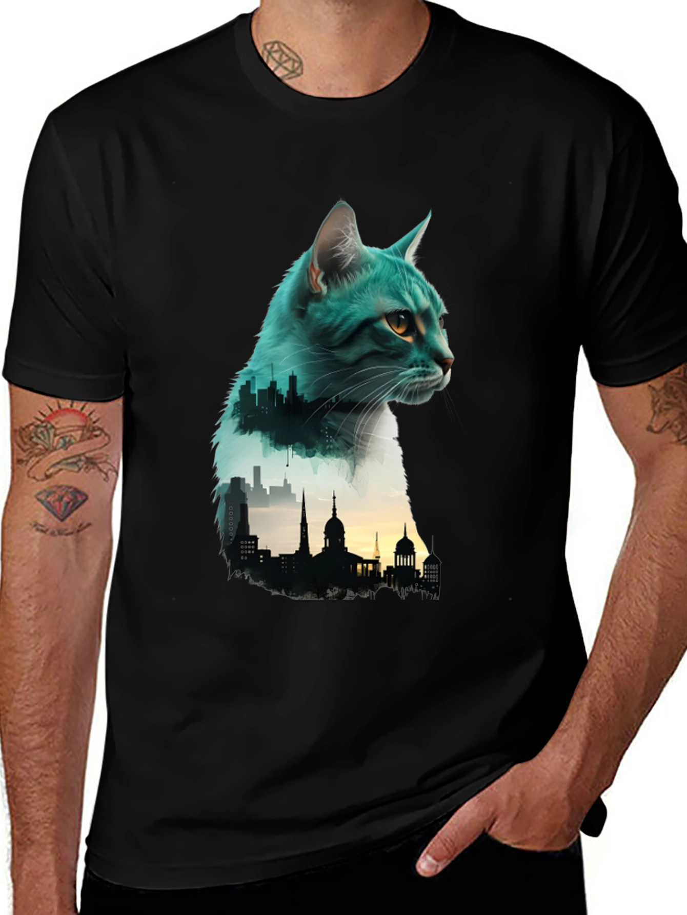 Variant 16 of Cat Silhouette Cityscape Graphic Tee - Unique Design