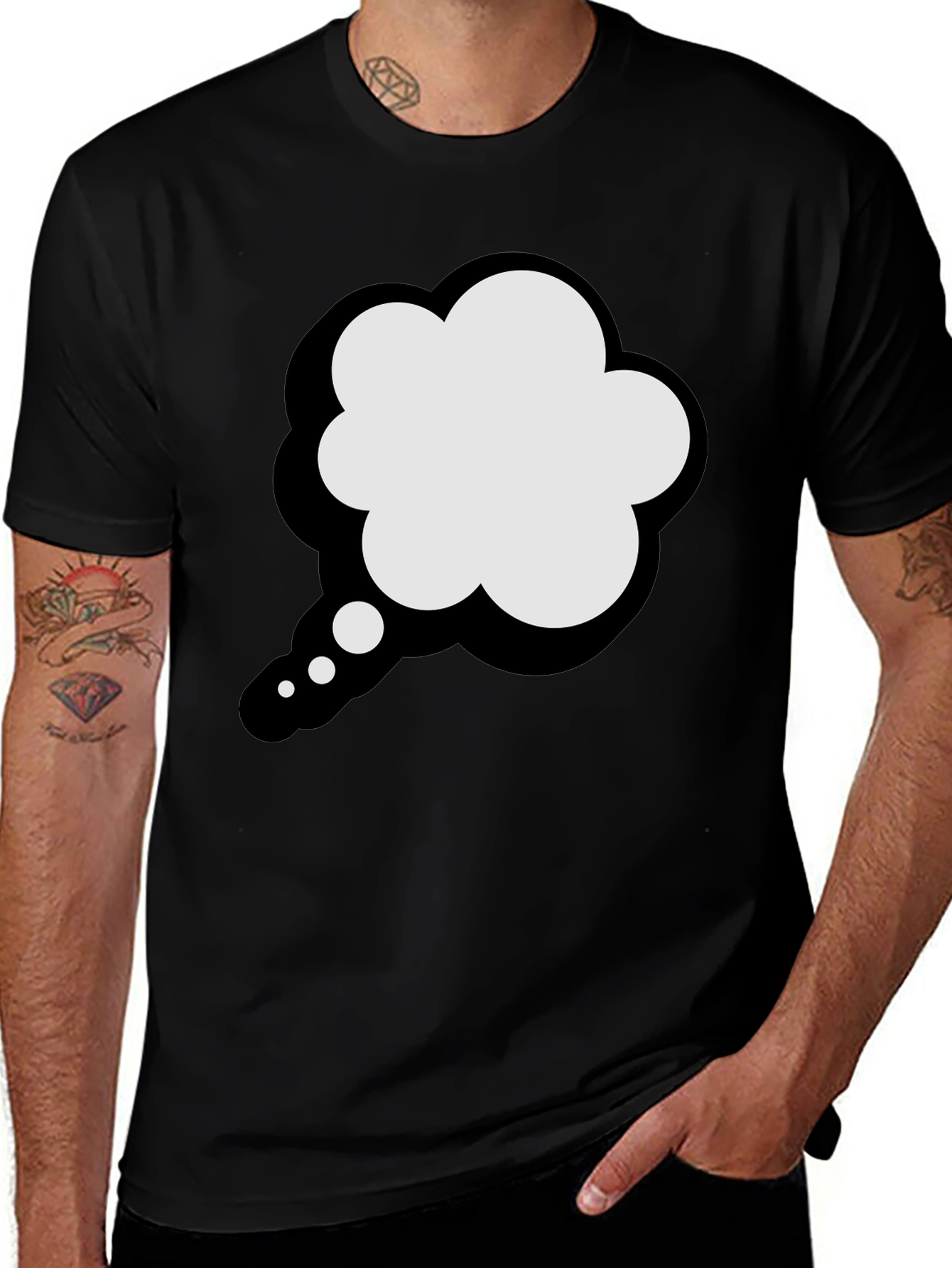 Variant 29 of Black T-Shirt with Cartoon Thought Bubble Graphic