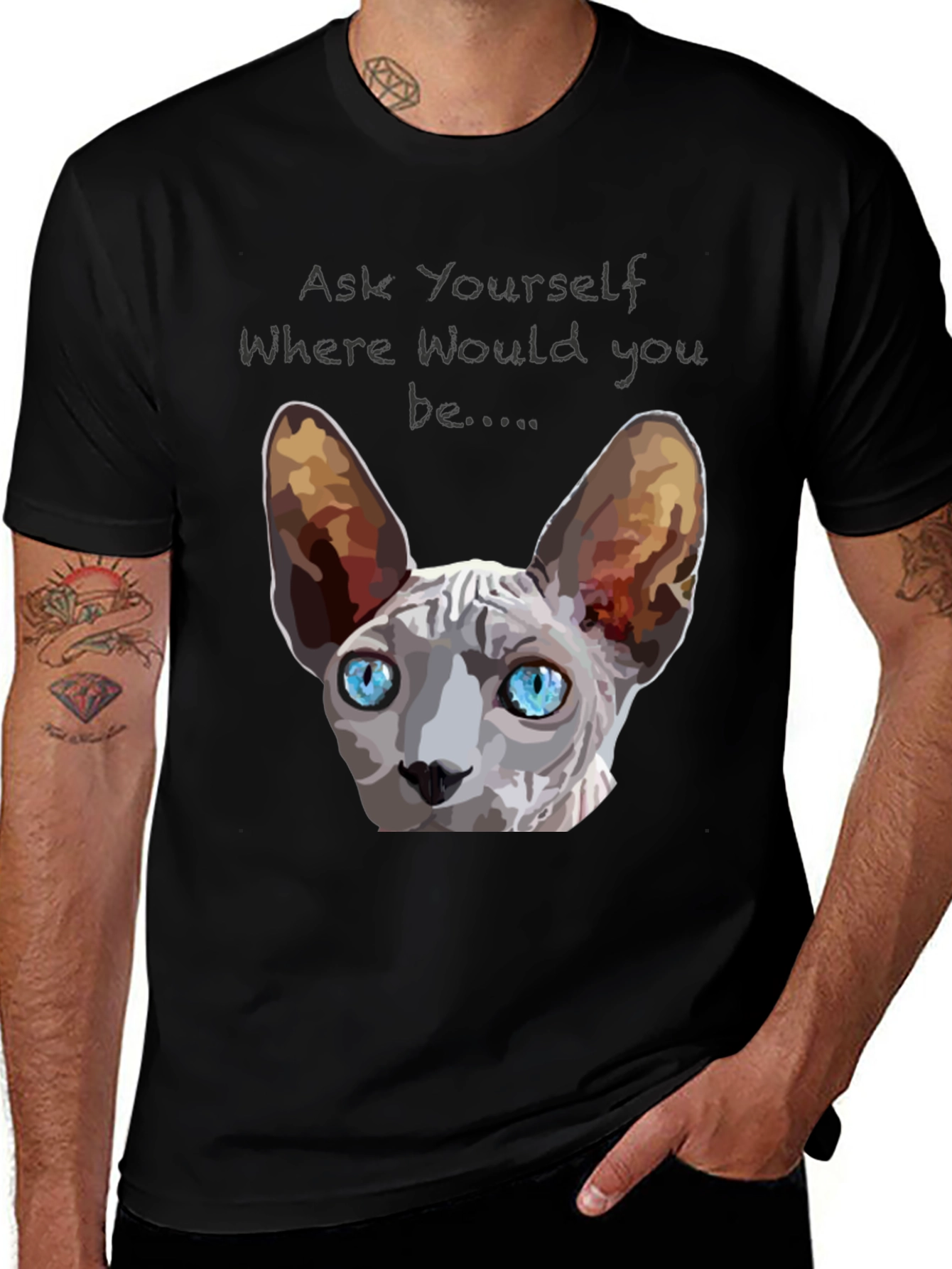 Variant 6 of Sphynx Cat T-Shirt: "Where Would You Be?" Black Tee