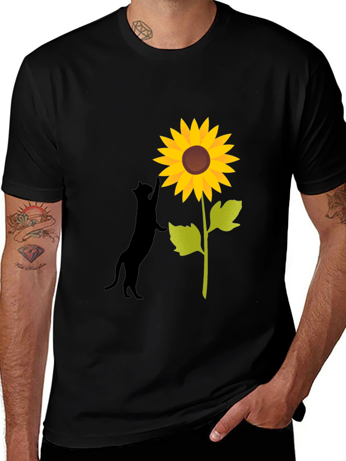 Variant 26 of Cat and Sunflower Graphic Tee - Black Cotton Blend