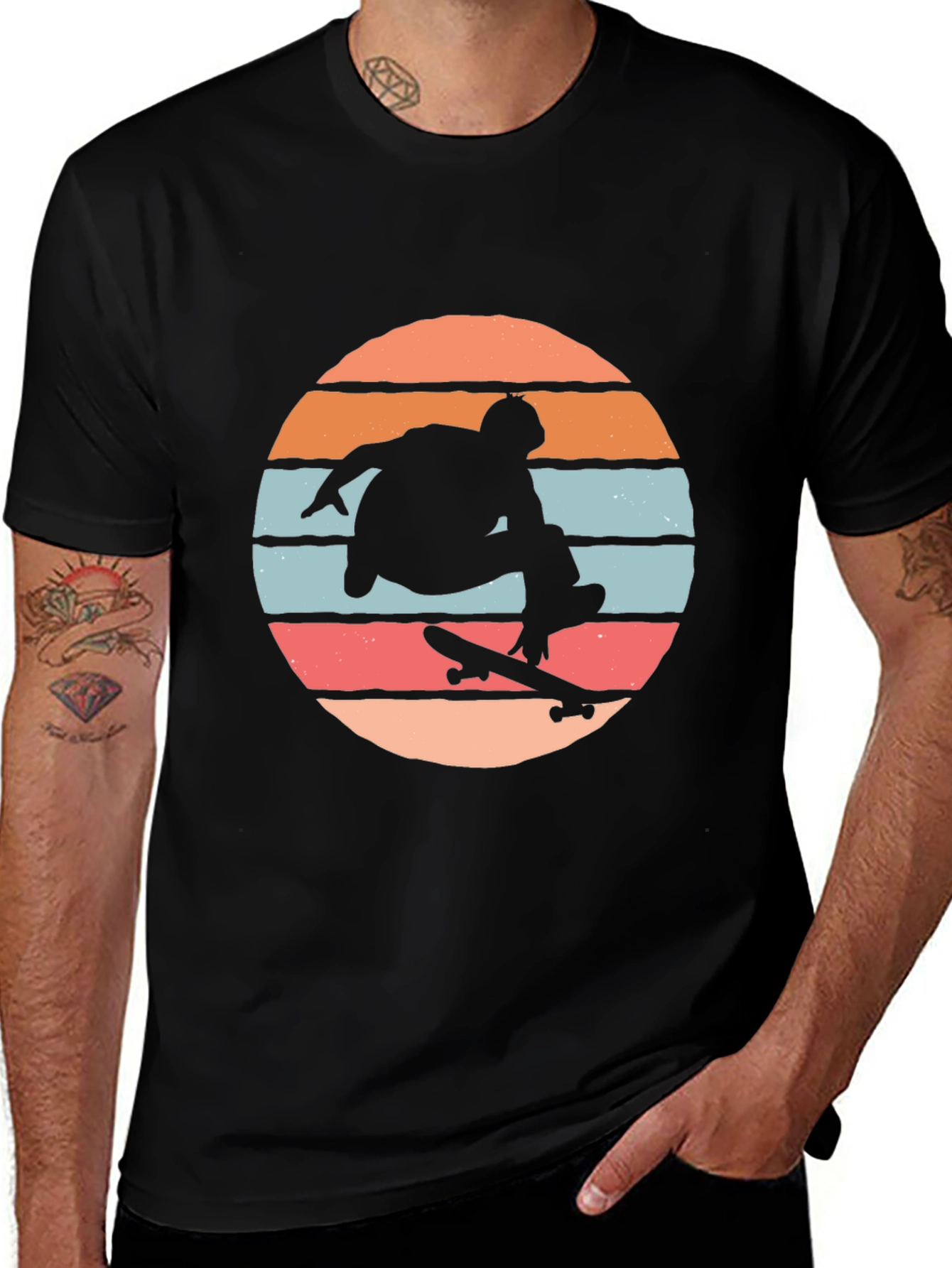 Variant 3 of Skateboarder Silhouette Tee - Retro Sunset Design